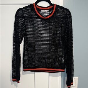 Zara & Other Stories Black Open-Knit Crew Sweater with Red Stripe Trim